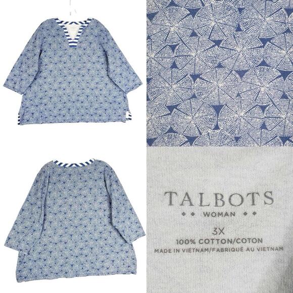 Talbots Shirt Stretch Blue White Plus Size 3X Cotton Popover Geometric - Picture 1 of 9
